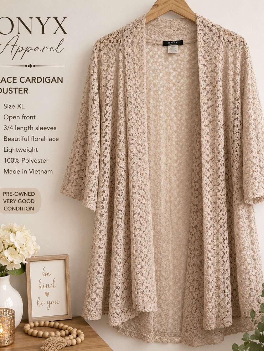 ✨️ONYX Apparel Lace Open Front Cardigan Duster Beige/Taupe XL